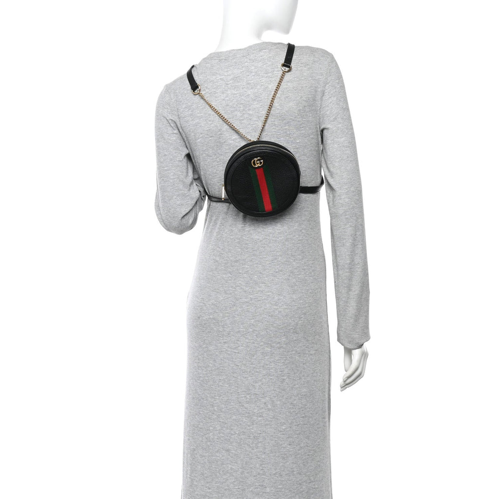 Grained Calfskin Web Mini Ophidia Round Shoulder Bag Black wholesalehk.shop