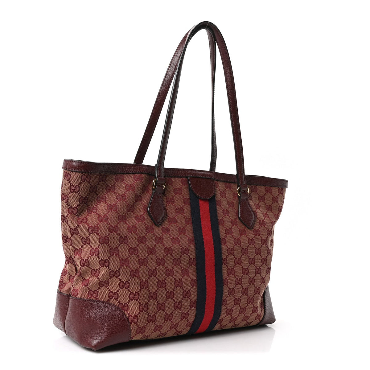 Monogram Textured Dollar Calfskin Web Medium Ophidia Shopping Tote Sahara Rubino Chardonnay wholesalehk.shop