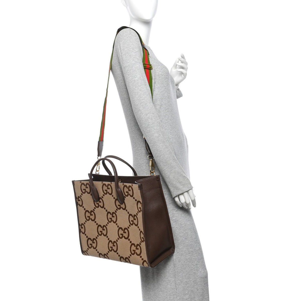 Monogram Jumbo GG Textured Dollar Calfskin Web Tote Bag Camel Ebony New Acero wholesalehk.shop