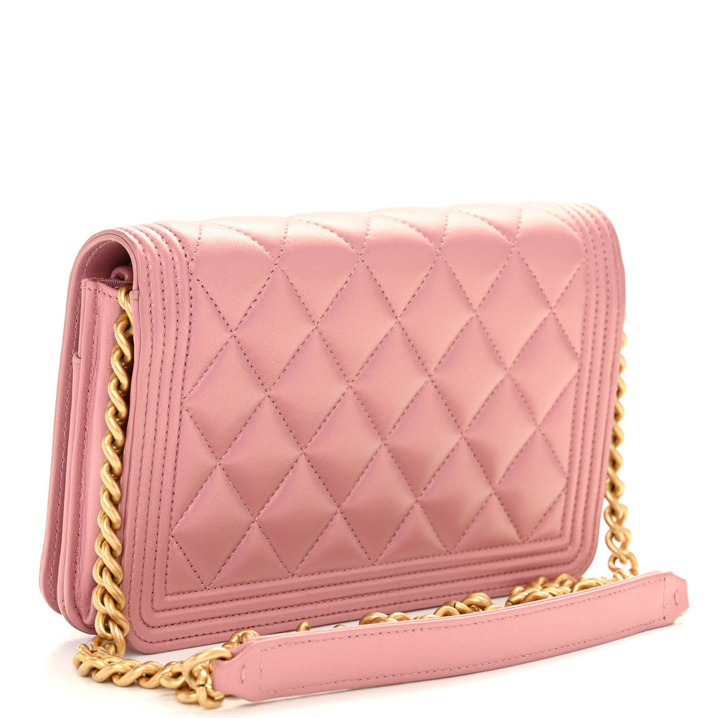 Metallic Lambskin Quilted Boy Wallet On Chain WOC Pink wholesalehk.shop