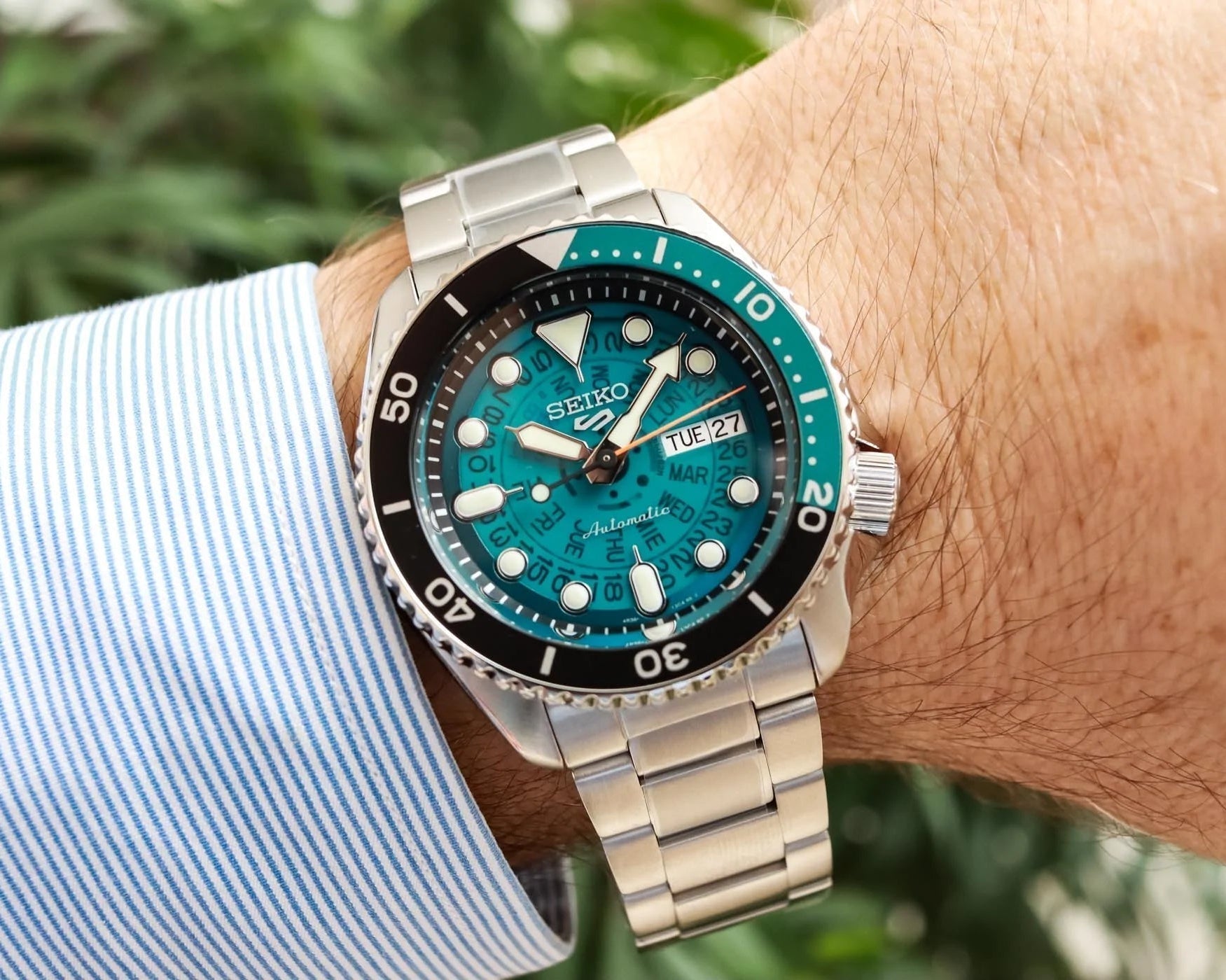 Seiko 5 Sports SKX Skeleton Green Dial Silver Steel Strap Watch For Men - SRPJ45K1 wholesalehk.shop