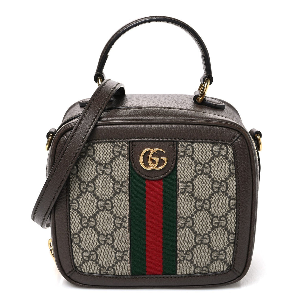 GG Supreme Monogram Textured Dollar Calfskin Mini Ophidia Top Handle Square Shoulder Bag Beige Ebony New Acero wholesalehk.shop