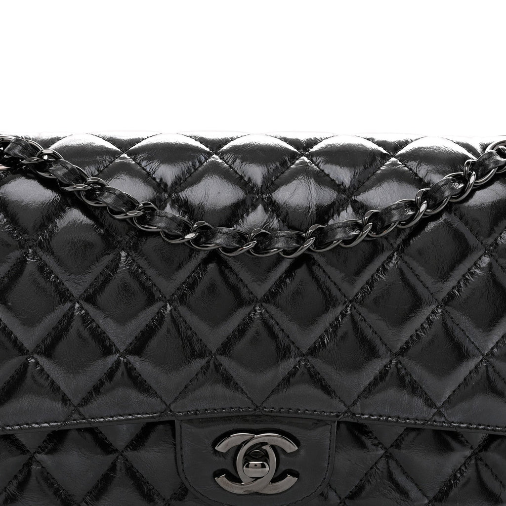 Shiny Crumpled Calfskin Quilted Medium Double Flap So Black wholesalehk.shop