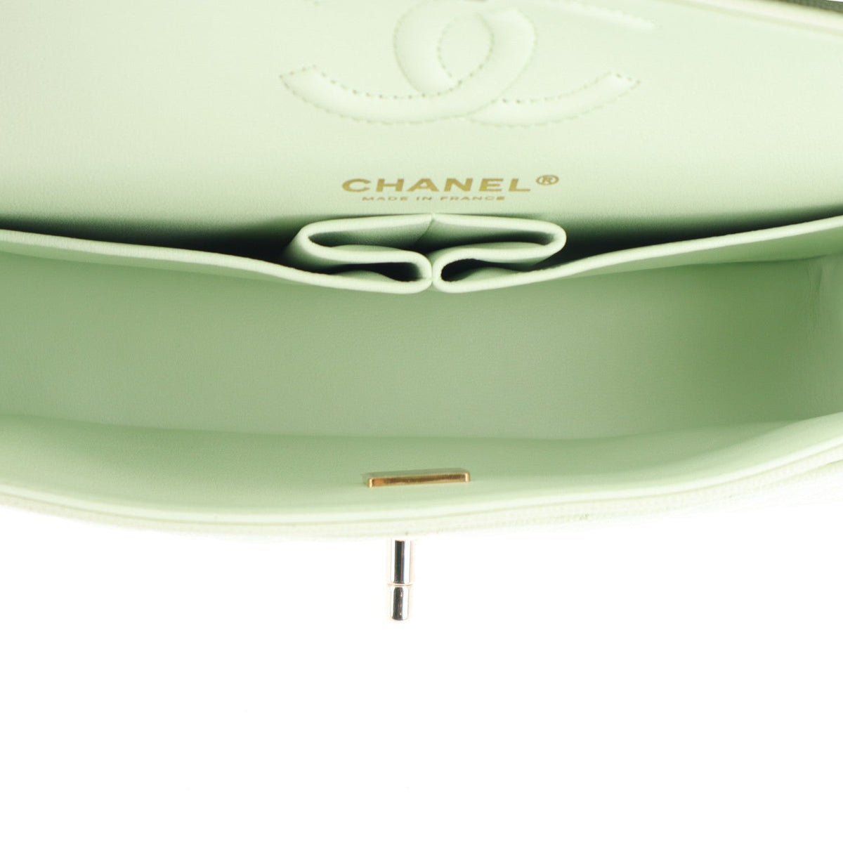 Caviar Quilted Small Double Flap Light Green wholesalehk.shop