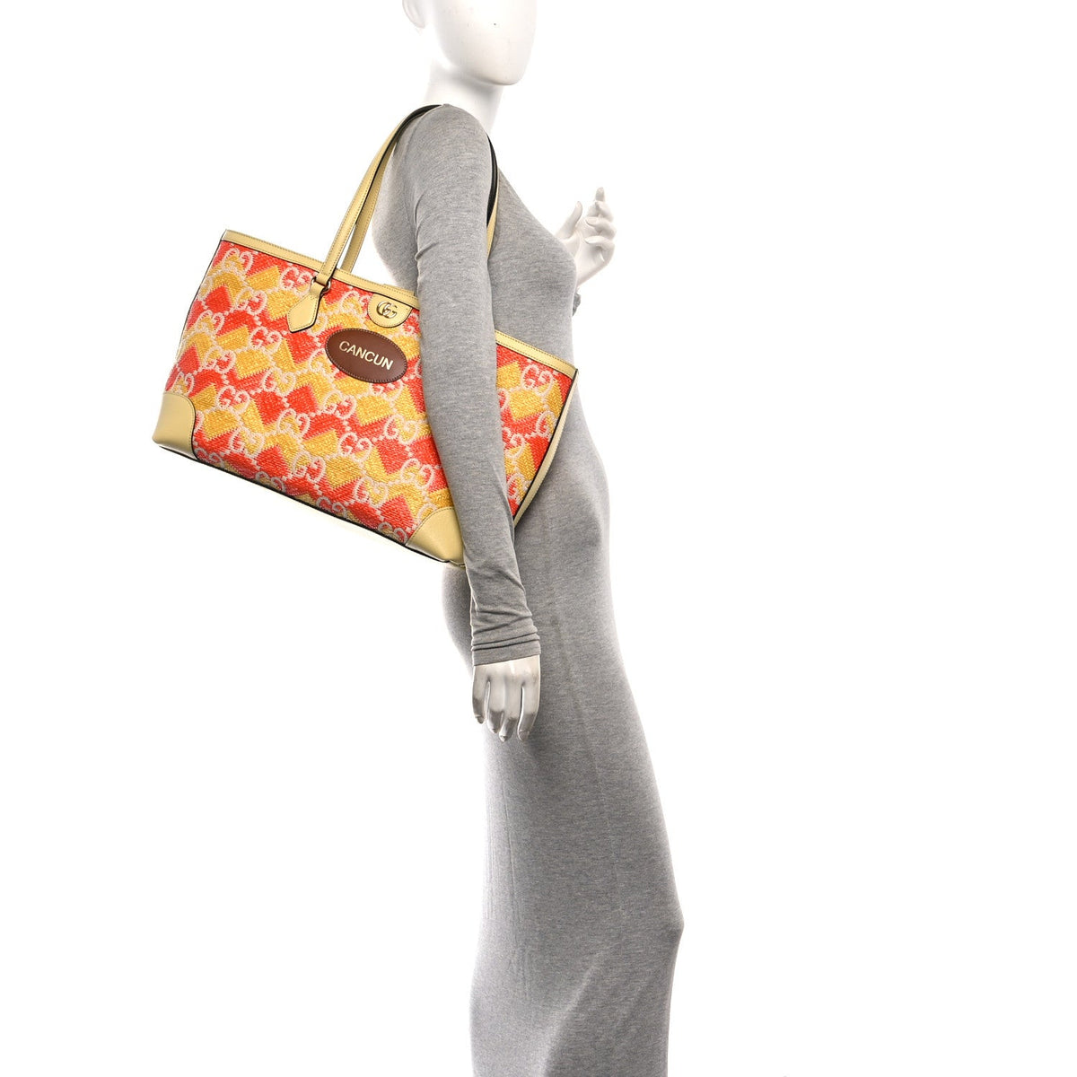 Straw Textured Dollar Calfskin Cancun Medium Ophidia Shopping Tote Orange Yellow wholesalehk.shop