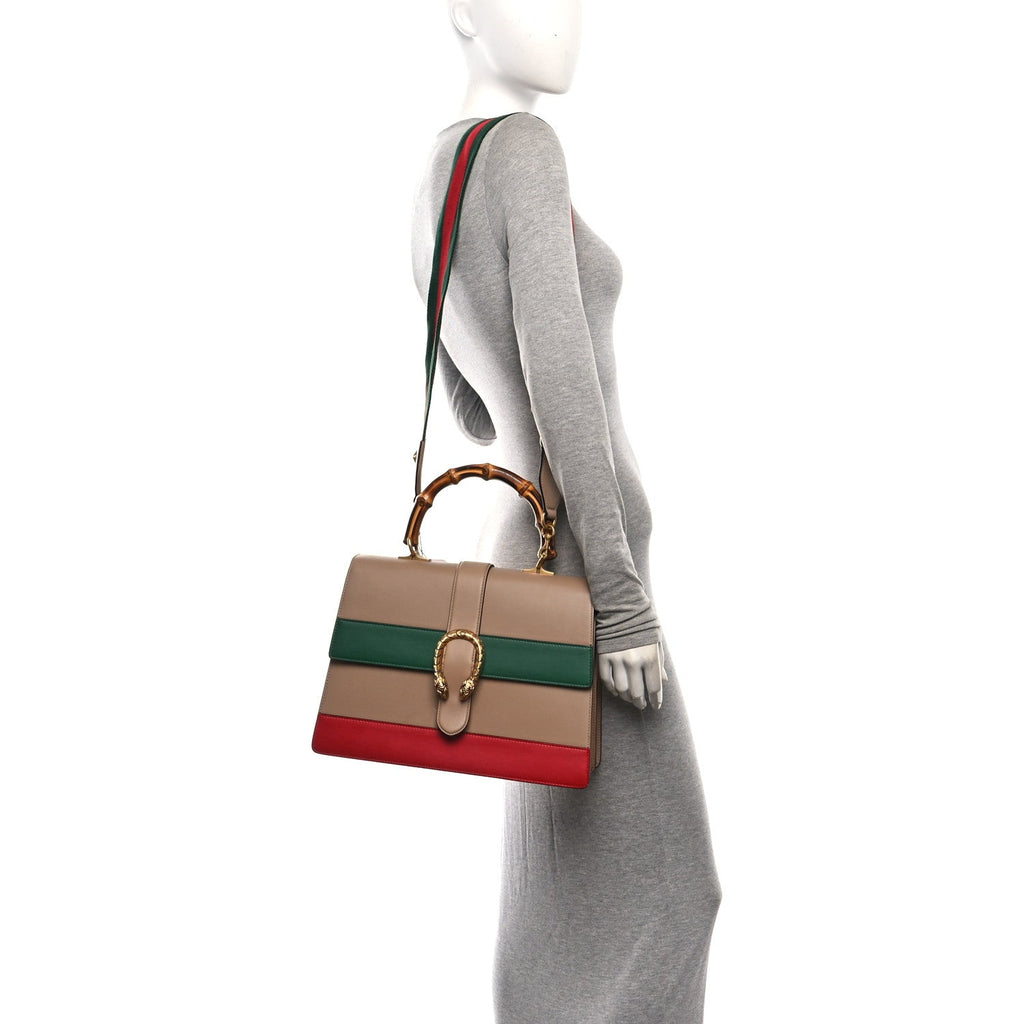Moon Calfskin Web Large Dionysus Bamboo Top Handle Bag Camelia Bright Evergreen Hibiscus Red wholesalehk.shop