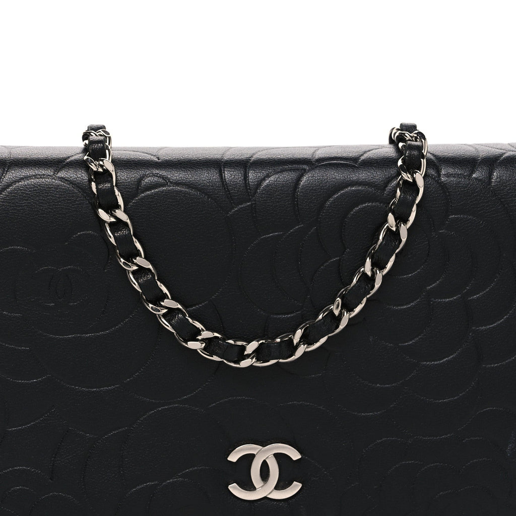 Lambskin Camellia Embossed Wallet on Chain WOC Black wholesalehk.shop