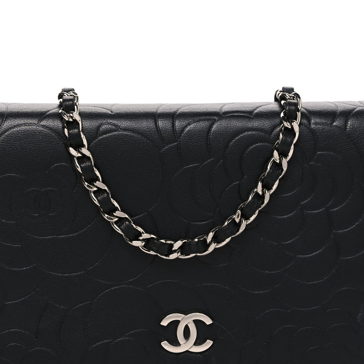 Lambskin Camellia Embossed Wallet on Chain WOC Black wholesalehk.shop