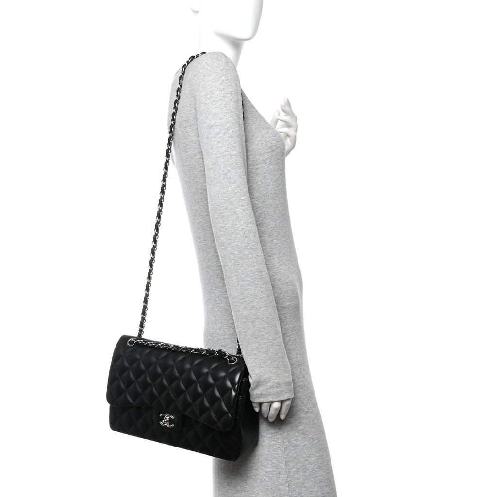 Lambskin Quilted Jumbo Double Flap Black wholesalehk.shop