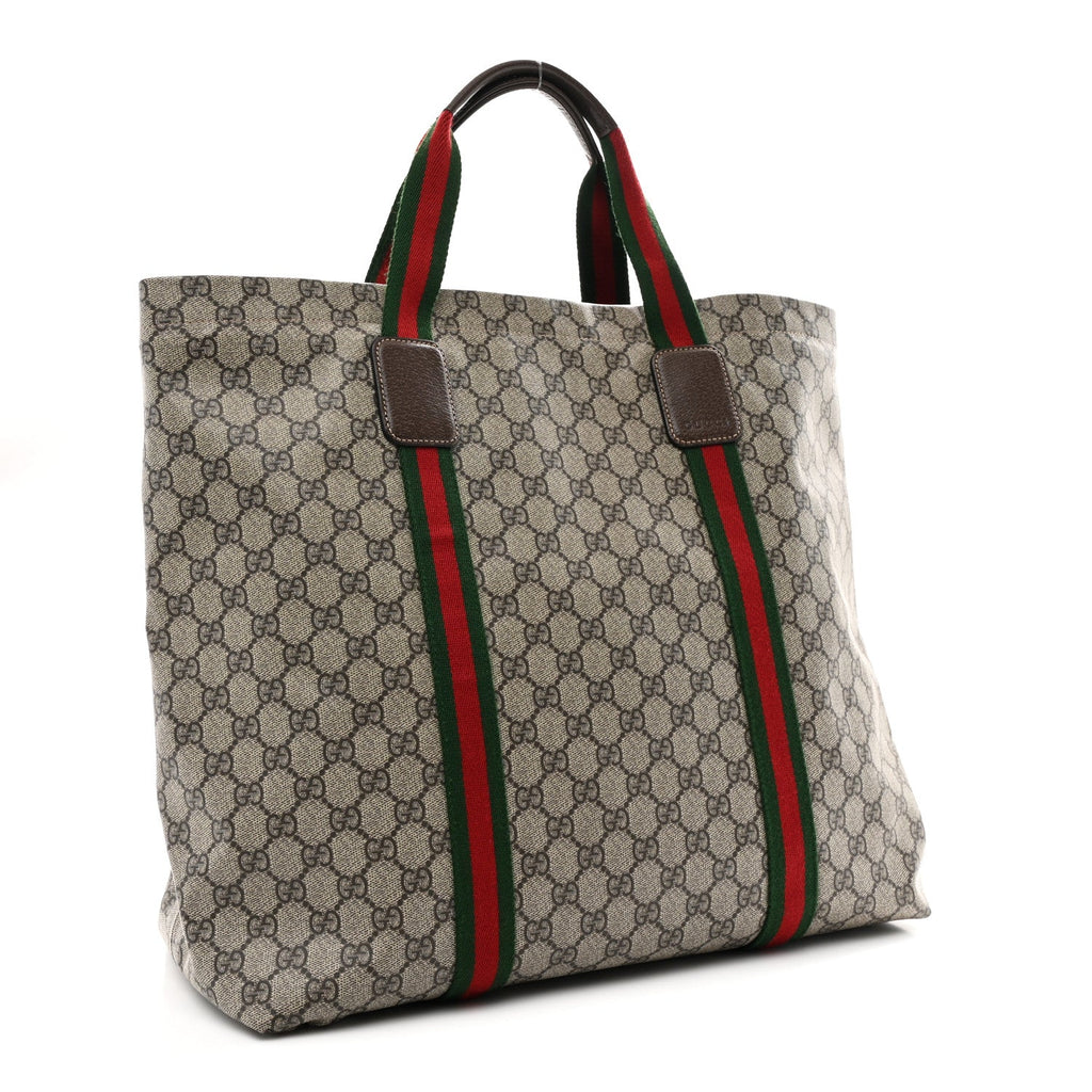 Tender GG Supreme Monogram Textured Dollar Calfskin Web Tote Beige Ebony New Acero wholesalehk.shop