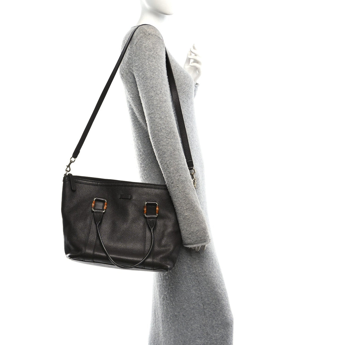Calfskin Bamboo Top Handle Tote Dark Brown wholesalehk.shop