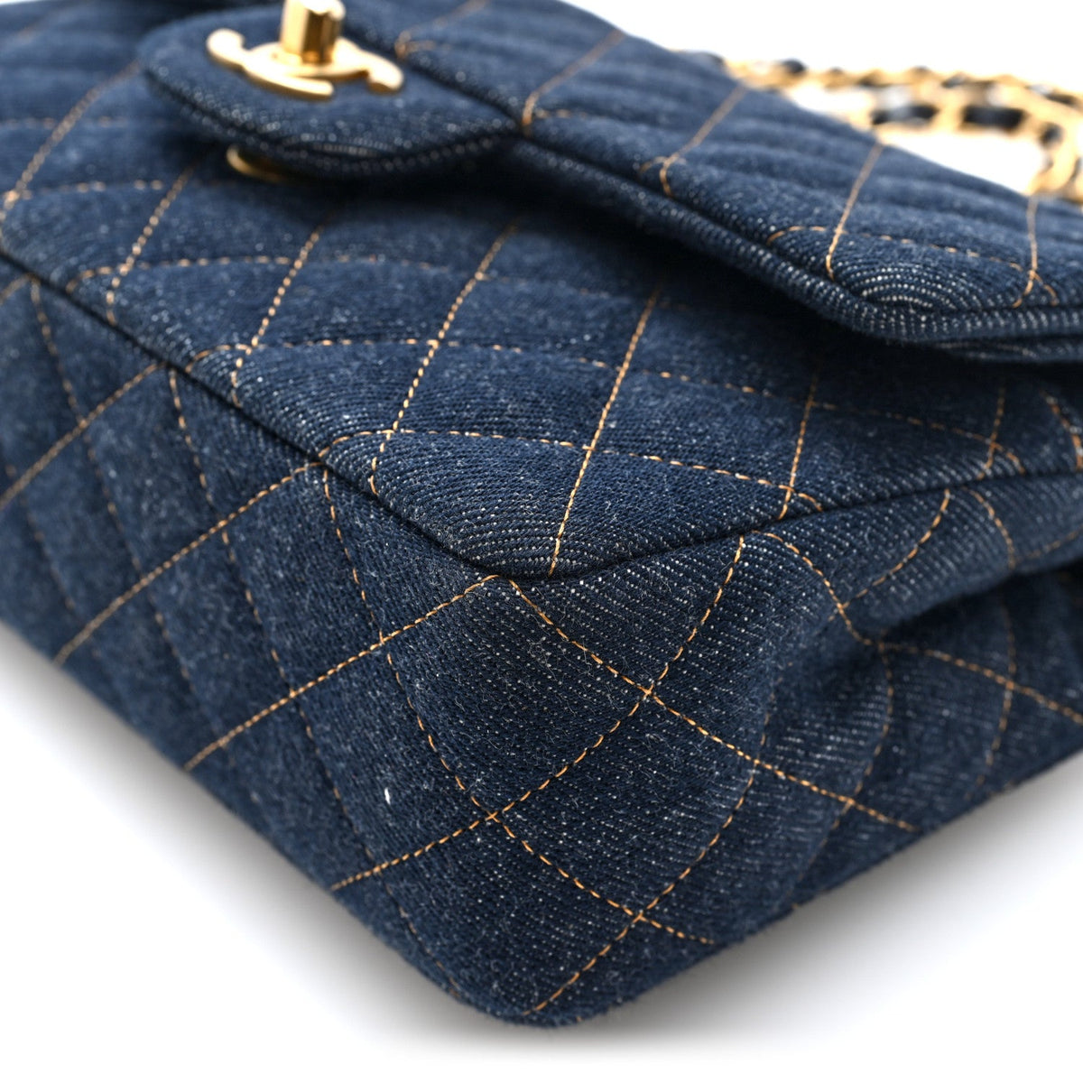 Denim Quilted Small Double Flap Dark Blue Orange wholesalehk.shop