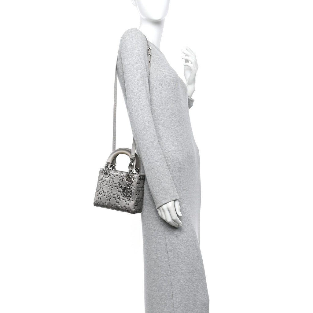Satin Crystal Cannage Mini Lady Dior Gray wholesalehk.shop