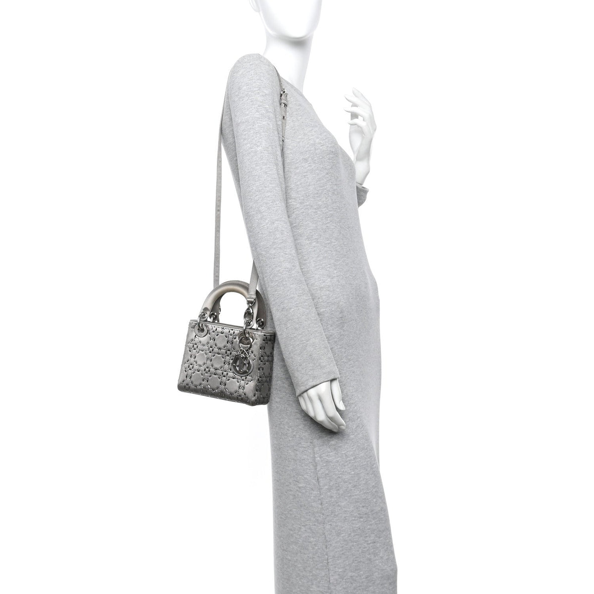 Satin Crystal Cannage Mini Lady Dior Gray wholesalehk.shop