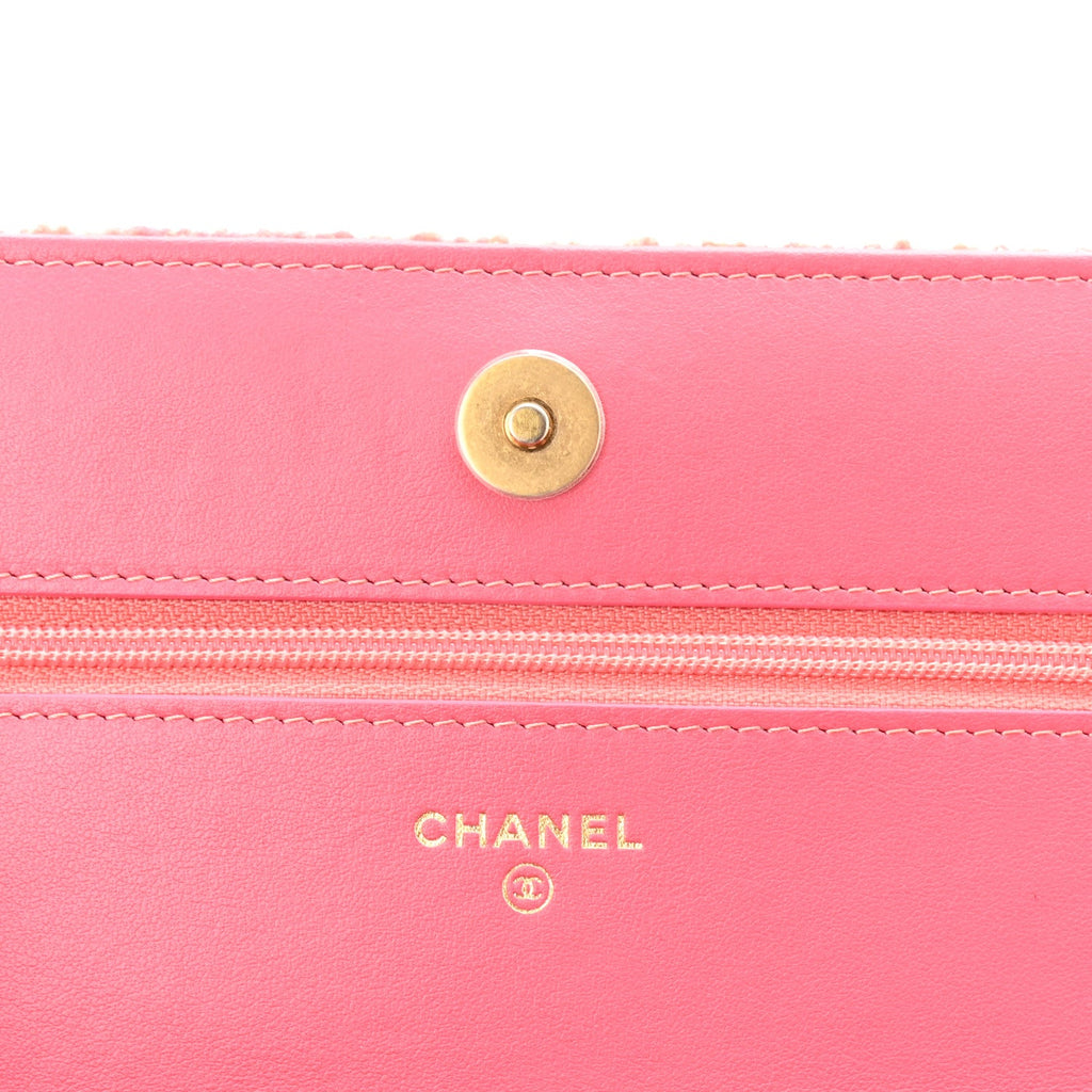 Wool Tweed Lambskin Quilted Chanel 19 Wallet On Chain WOC Coral Pink wholesalehk.shop