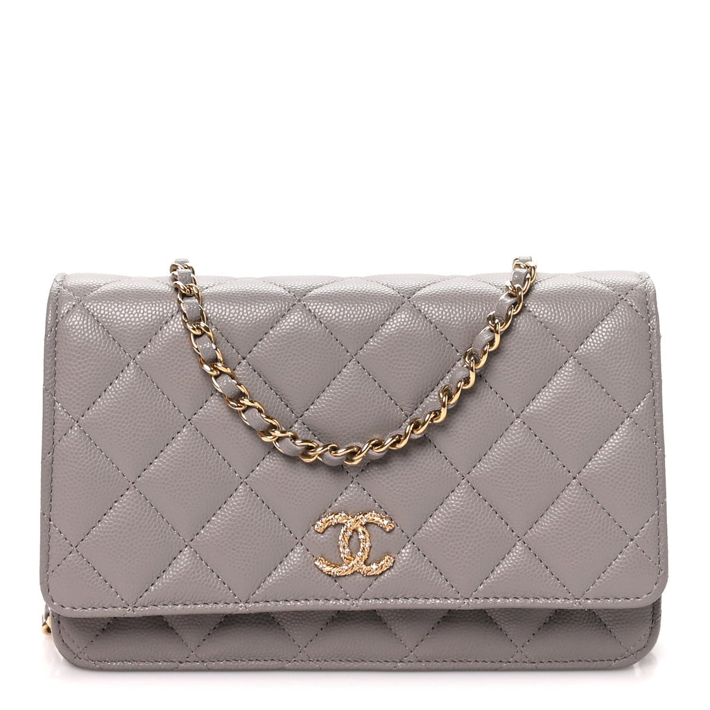 Grained Calfskin Quilted Strass CC Wallet On Chain WOC Dark Grey wholesalehk.shop
