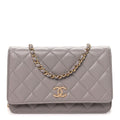 Grained Calfskin Quilted Strass CC Wallet On Chain WOC Dark Grey wholesalehk.shop