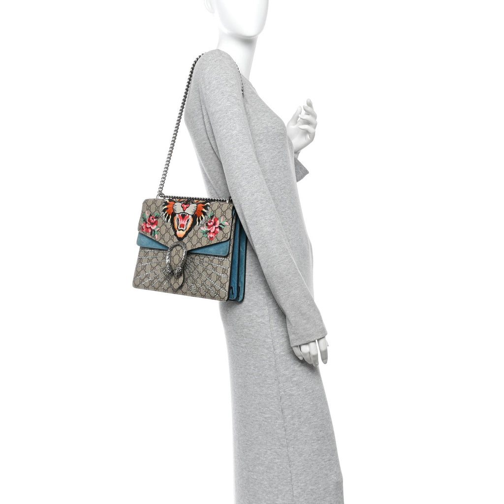 GG Supreme Monogram Angry Cat Embroidered Medium Dionysus Shoulder Bag Beige Ultramarine wholesalehk.shop