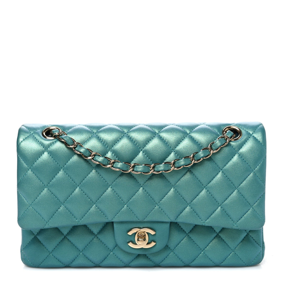 Iridescent Caviar Quilted Medium Double Flap Green wholesalehk.shop