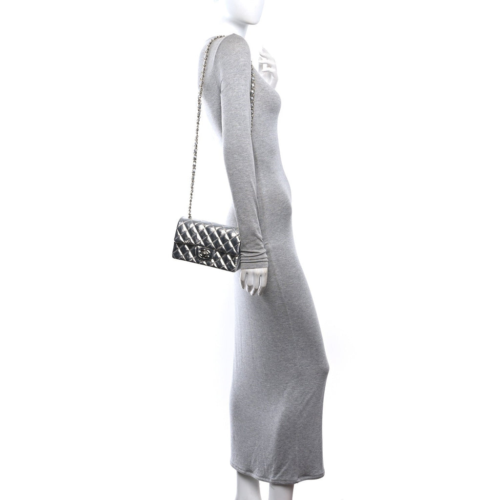 Hammered Metallic Calfskin Quilted Small Double Flap Silver wholesalehk.shop