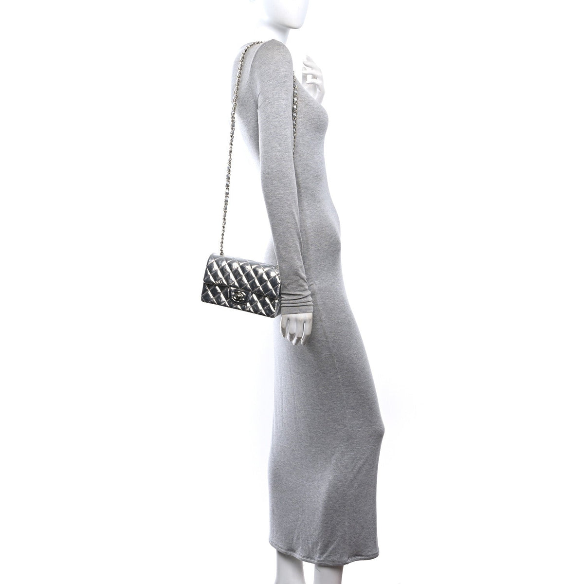 Hammered Metallic Calfskin Quilted Small Double Flap Silver wholesalehk.shop