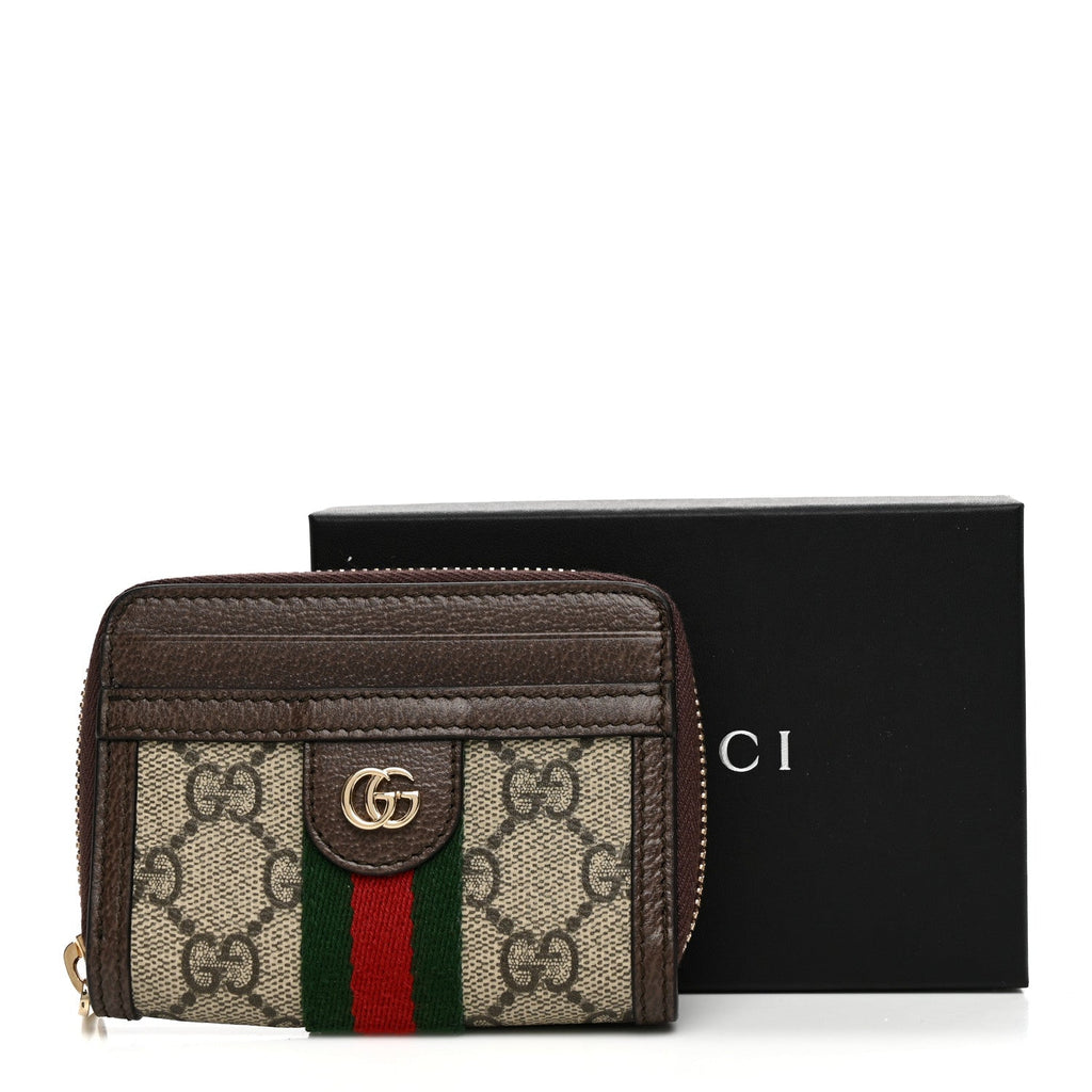 GG Supreme Monogram Textured Dollar Calfskin Web Ophidia Zip Around Card Case Wallet Beige Ebony New Acero wholesalehk.shop