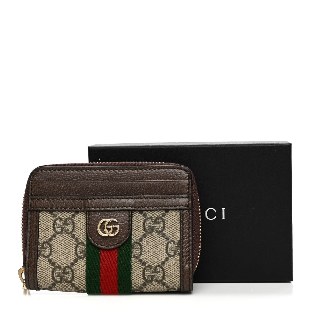 GG Supreme Monogram Textured Dollar Calfskin Web Ophidia Zip Around Card Case Wallet Beige Ebony New Acero wholesalehk.shop