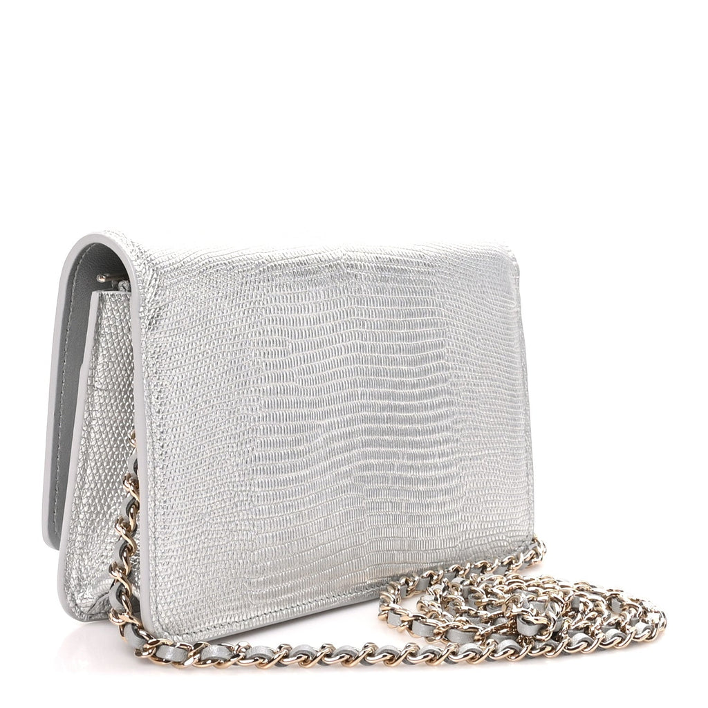 Calfskin Lizard Embossed Wallet on Chain WOC Silver wholesalehk.shop