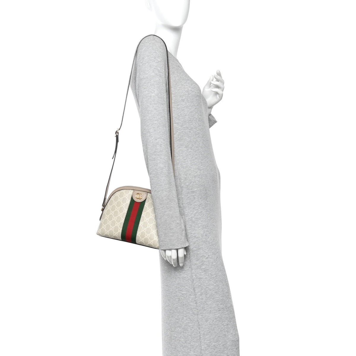 GG Supreme Monogram Textured Dollar Calfskin Web Small Ophidia Dome Shoulder Beige Mystic White Oatmeal wholesalehk.shop