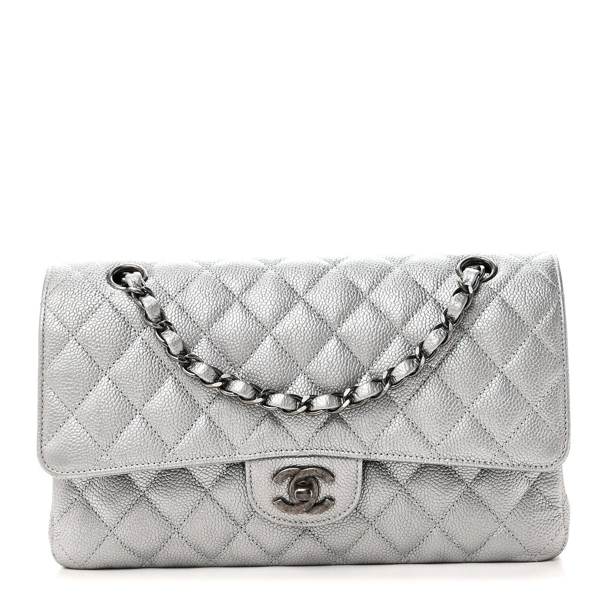 Metallic Caviar Quilted Medium Double Flap Silvery wholesalehk.shop