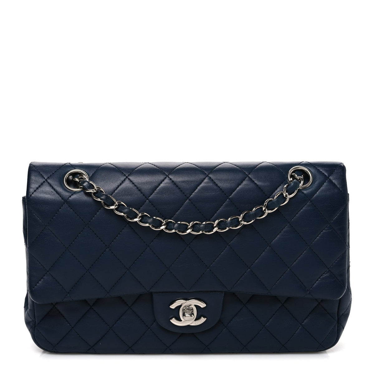 Lambskin Quilted Medium Double Flap Navy wholesalehk.shop
