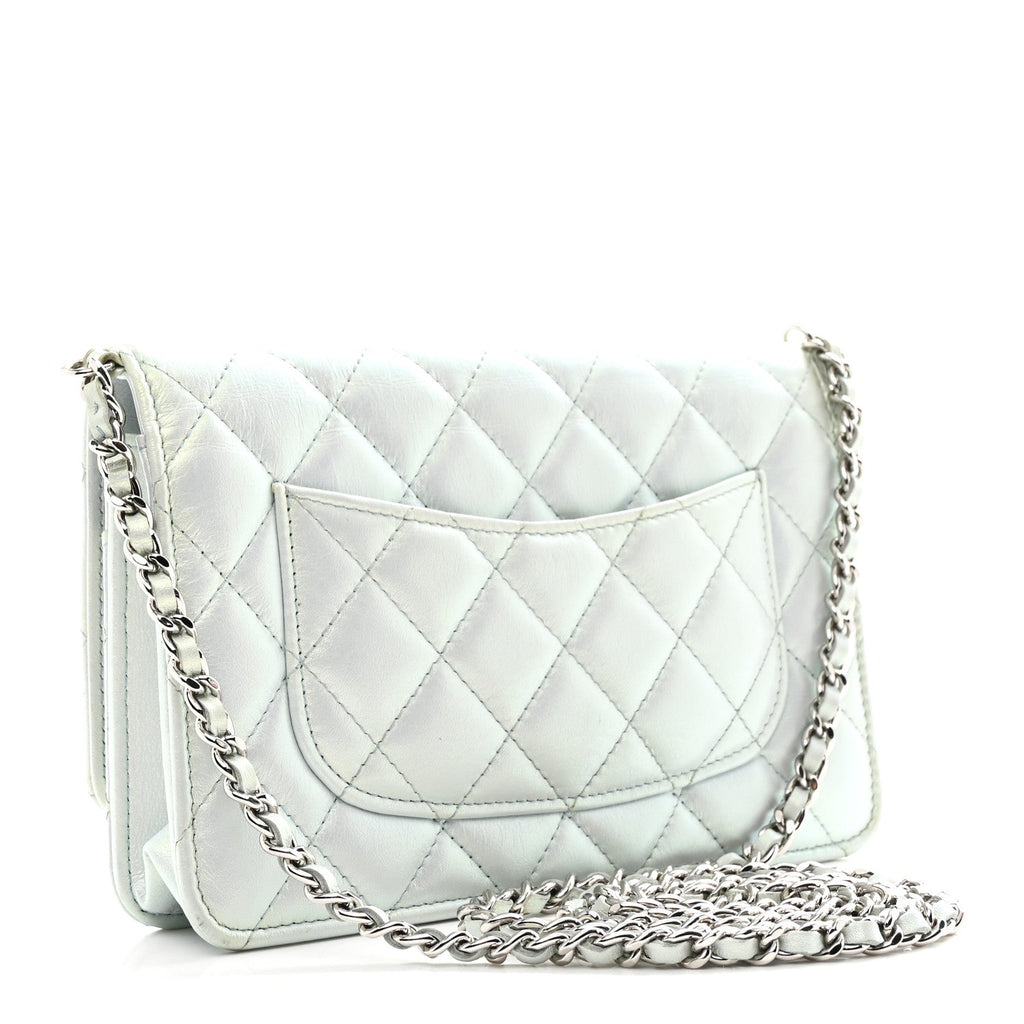 Iridescent Calfskin Quilted Wallet On Chain WOC Light Blue wholesalehk.shop