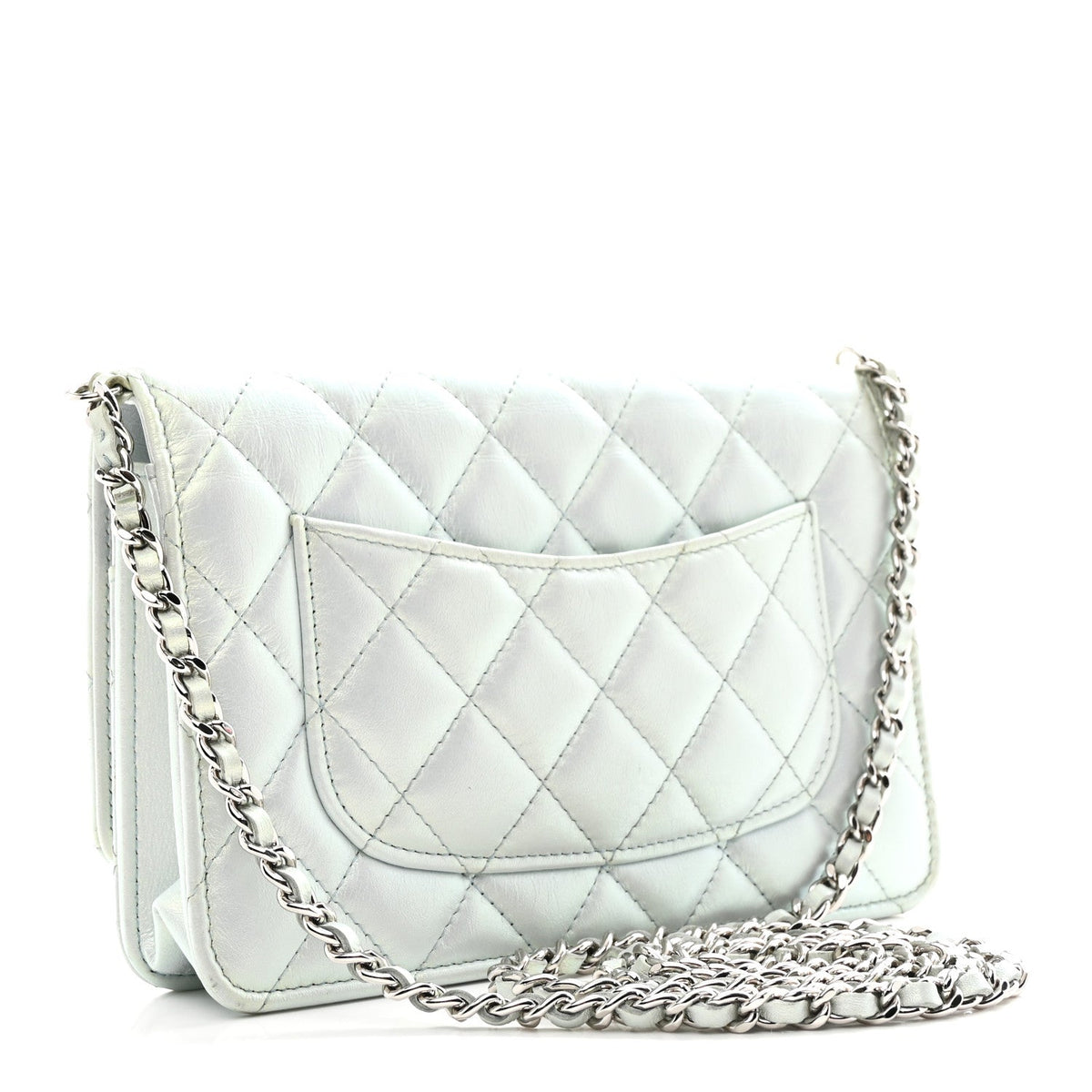 Iridescent Calfskin Quilted Wallet On Chain WOC Light Blue wholesalehk.shop