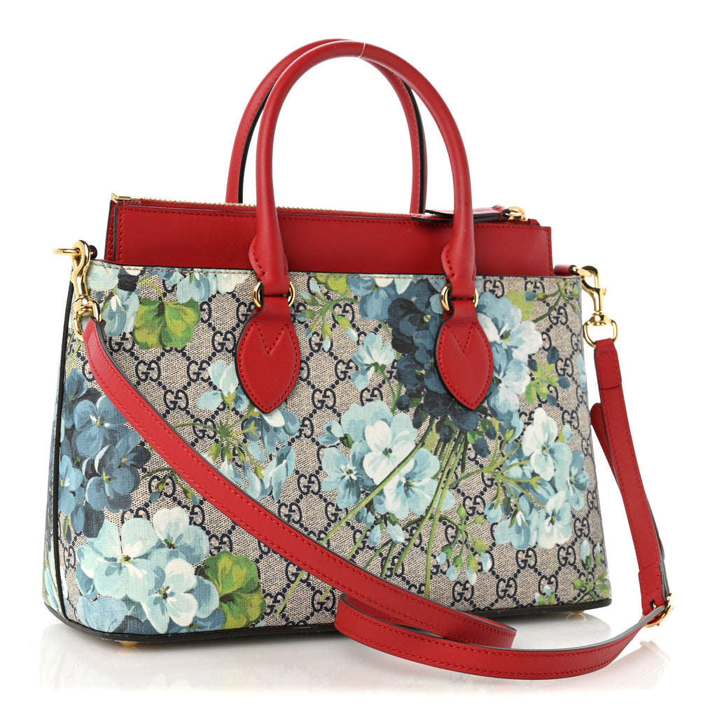 GG Supreme Monogram Blooms Small Zip Top Tote Beige Blue Navy Hibiscus Red wholesalehk.shop