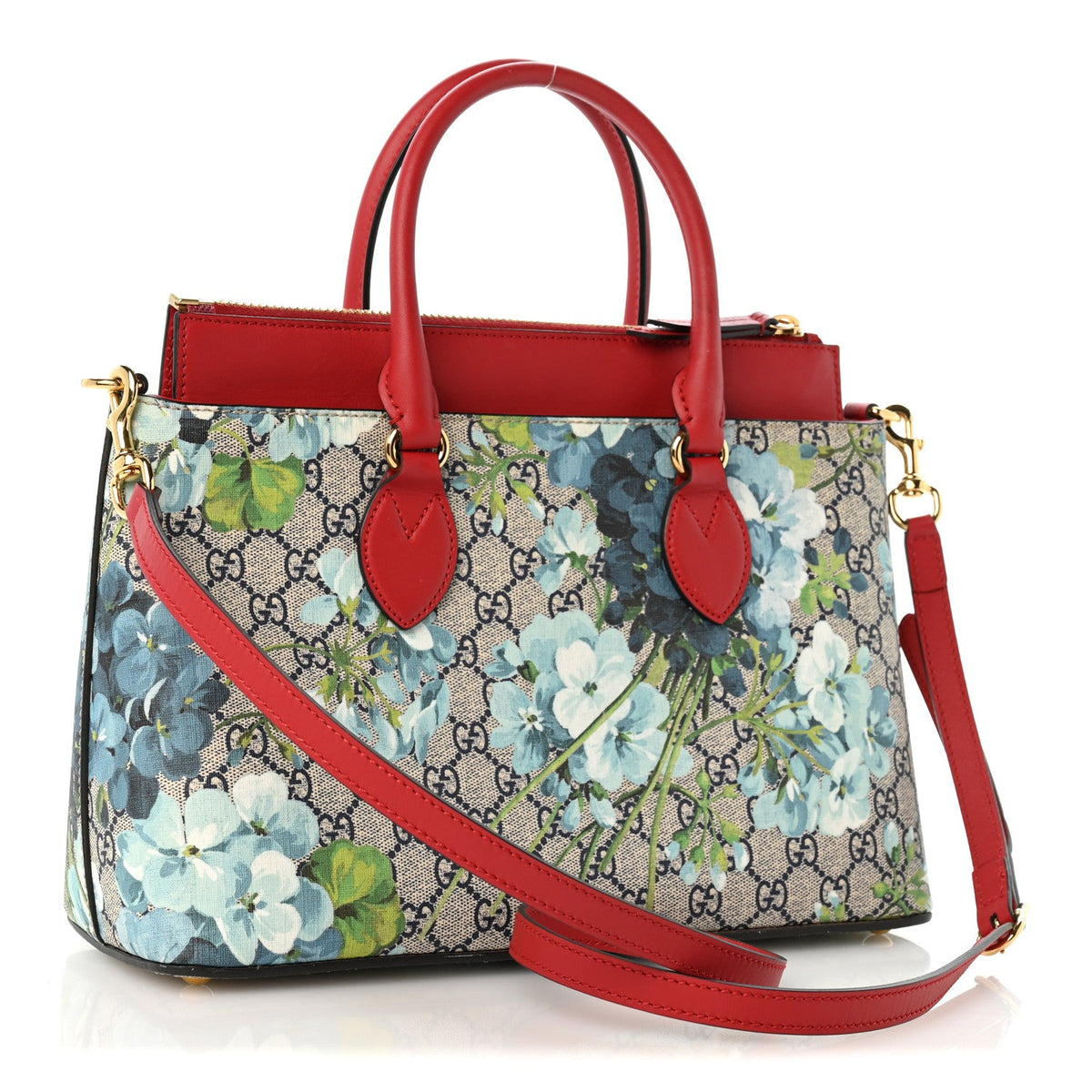 GG Supreme Monogram Blooms Small Zip Top Tote Beige Blue Navy Hibiscus Red wholesalehk.shop