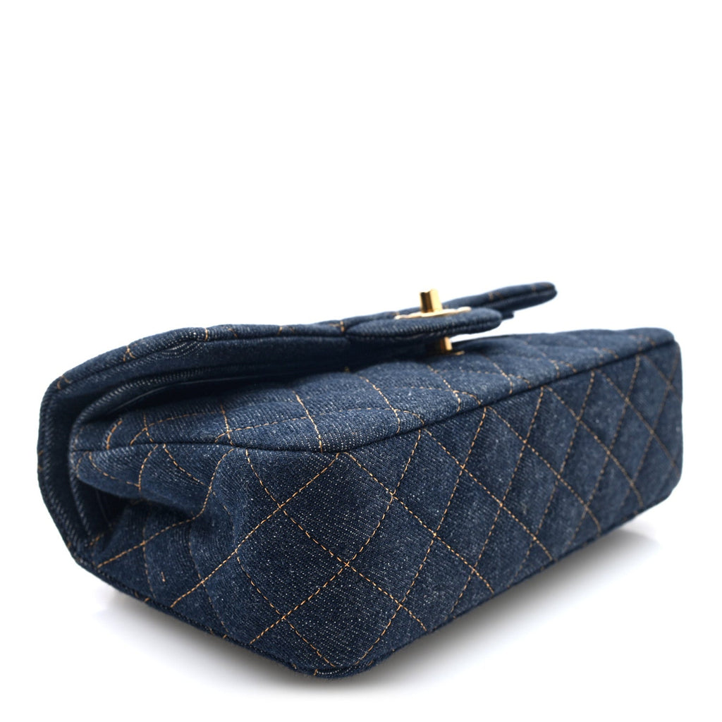 Denim Quilted Small Double Flap Dark Blue Orange wholesalehk.shop