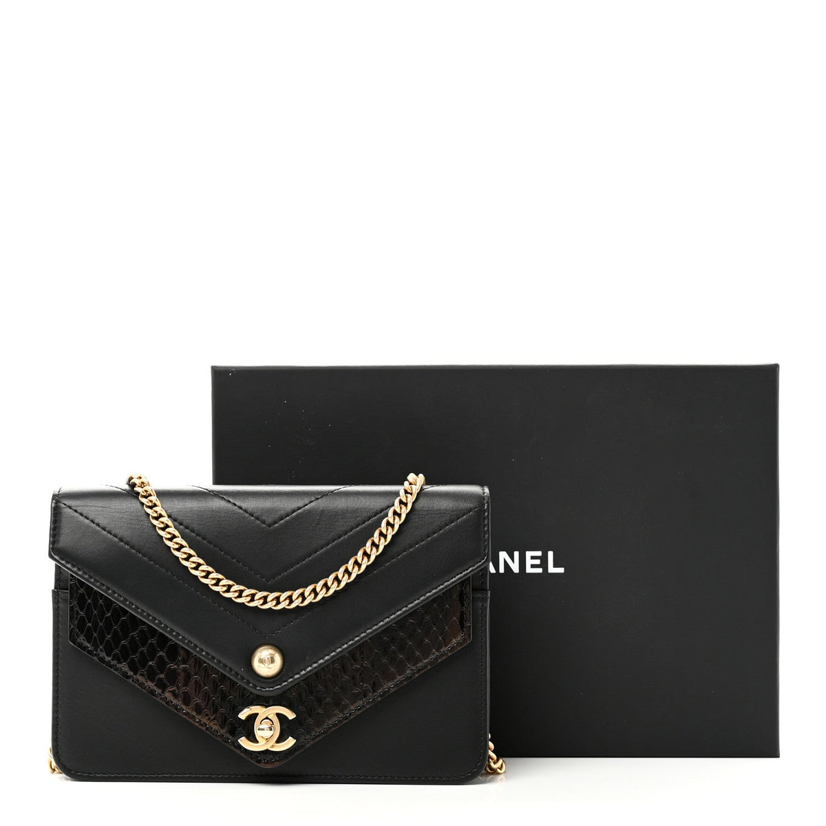 Calfskin Elaphe Double Chevron Mini Wallet On Chain WOC Black Black wholesalehk.shop