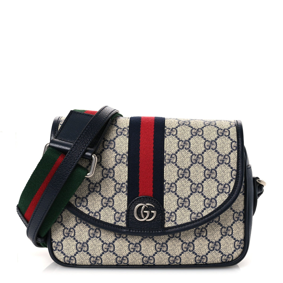 GG Supreme Monogram Textured Dollar Calfskin Web Studded Mini Ophidia Flap Shoulder Bag Beige Blue wholesalehk.shop