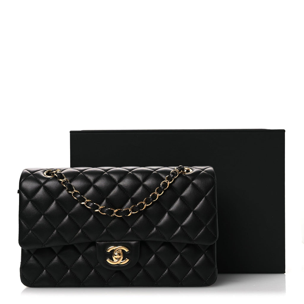 Lambskin Quilted Medium Double Flap Black wholesalehk.shop