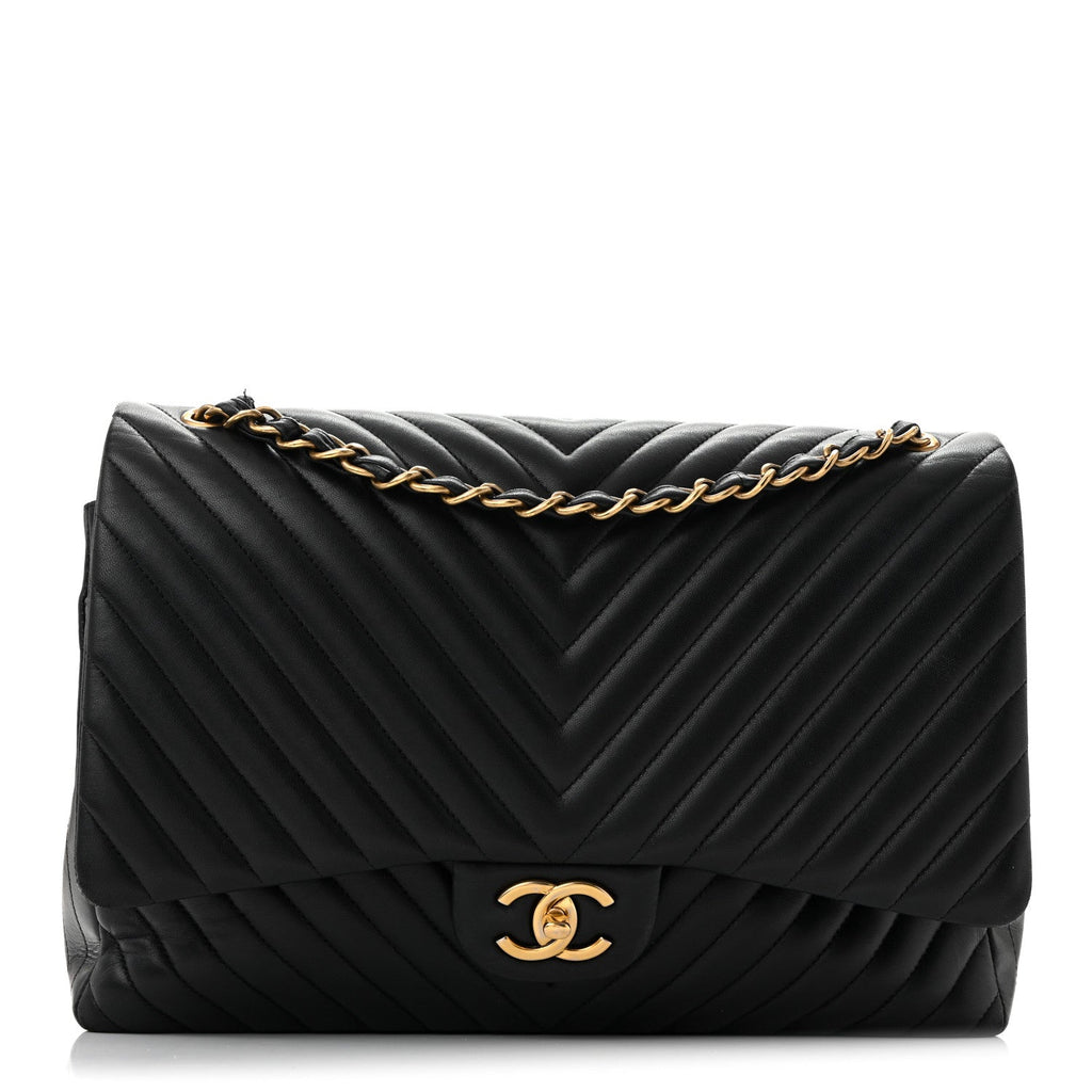Lambskin Chevron Quilted Maxi Double Flap Black wholesalehk.shop