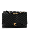 Lambskin Chevron Quilted Maxi Double Flap Black wholesalehk.shop