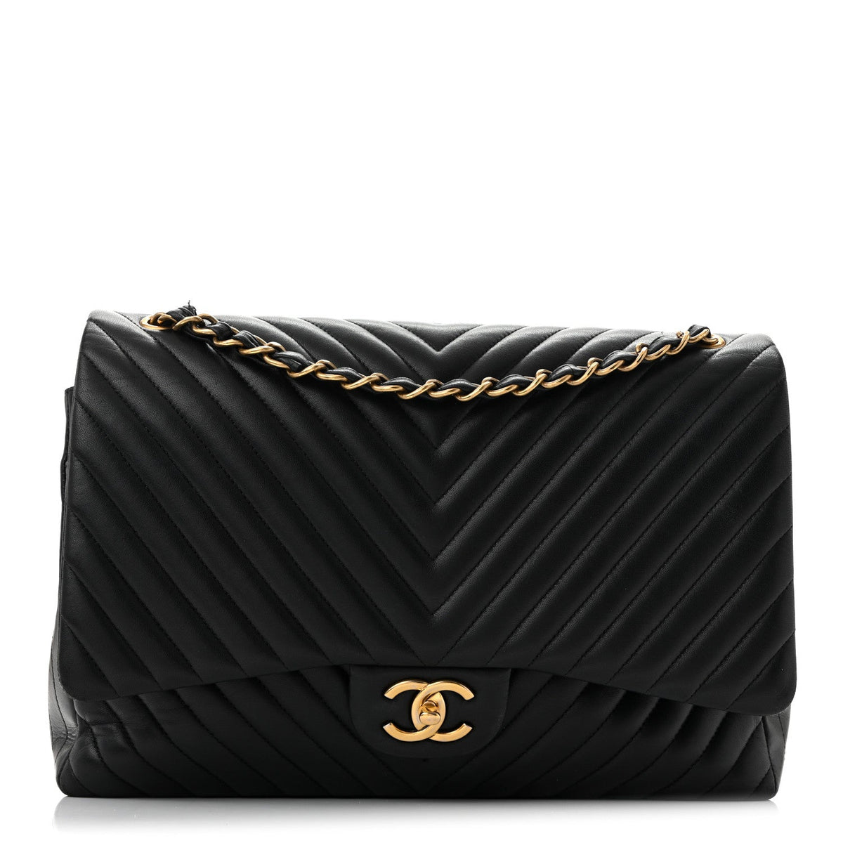 Lambskin Chevron Quilted Maxi Double Flap Black wholesalehk.shop