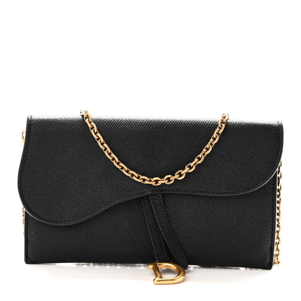Grained Calfskin Saddle Chain Wallet Pouch Black wholesalehk.shop