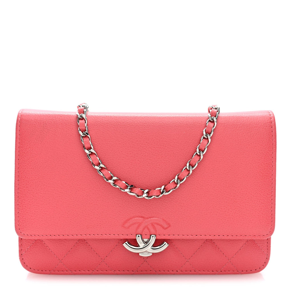 Grained Calfskin Quilted CC Box Wallet On Chain WOC Pink wholesalehk.shop