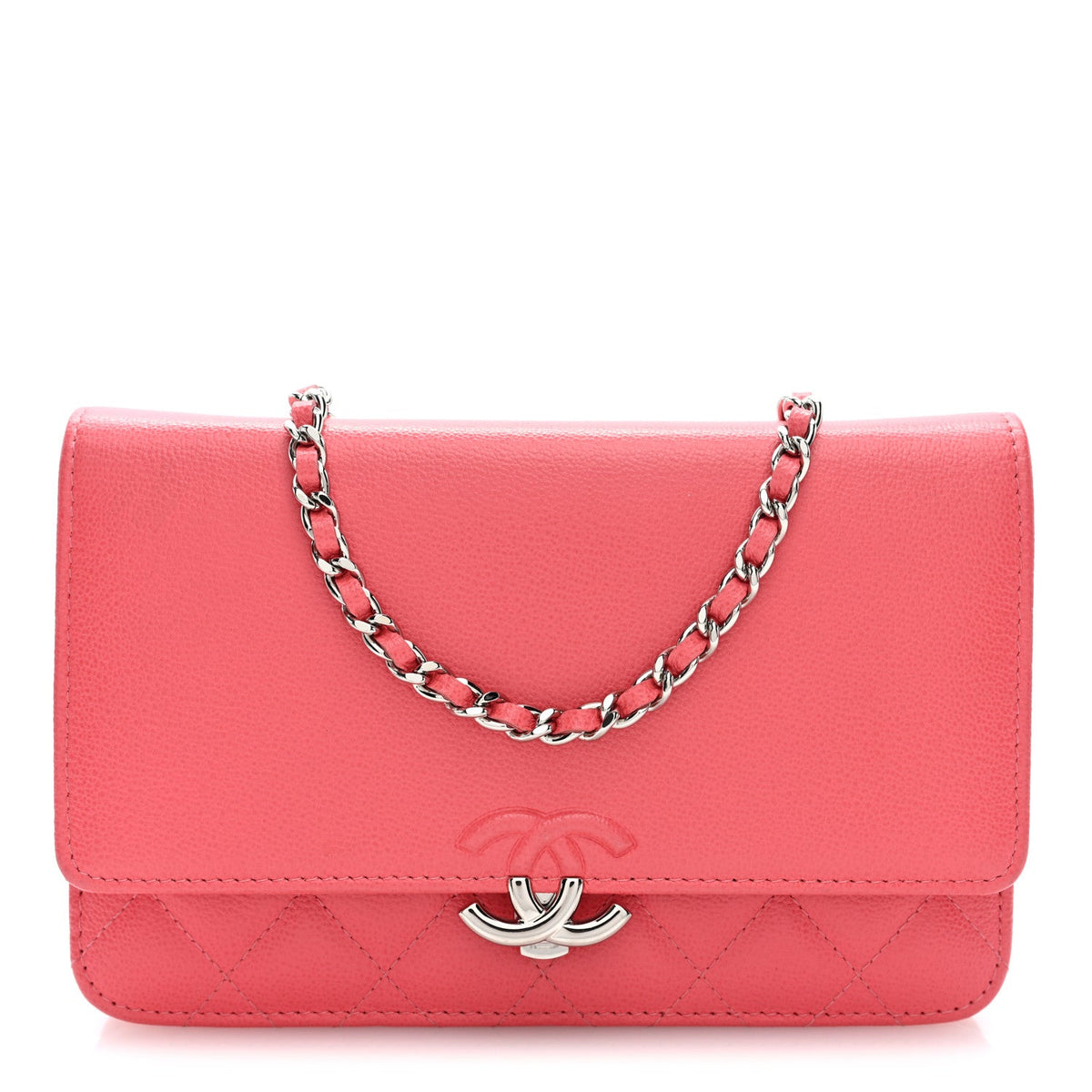 Grained Calfskin Quilted CC Box Wallet On Chain WOC Pink wholesalehk.shop