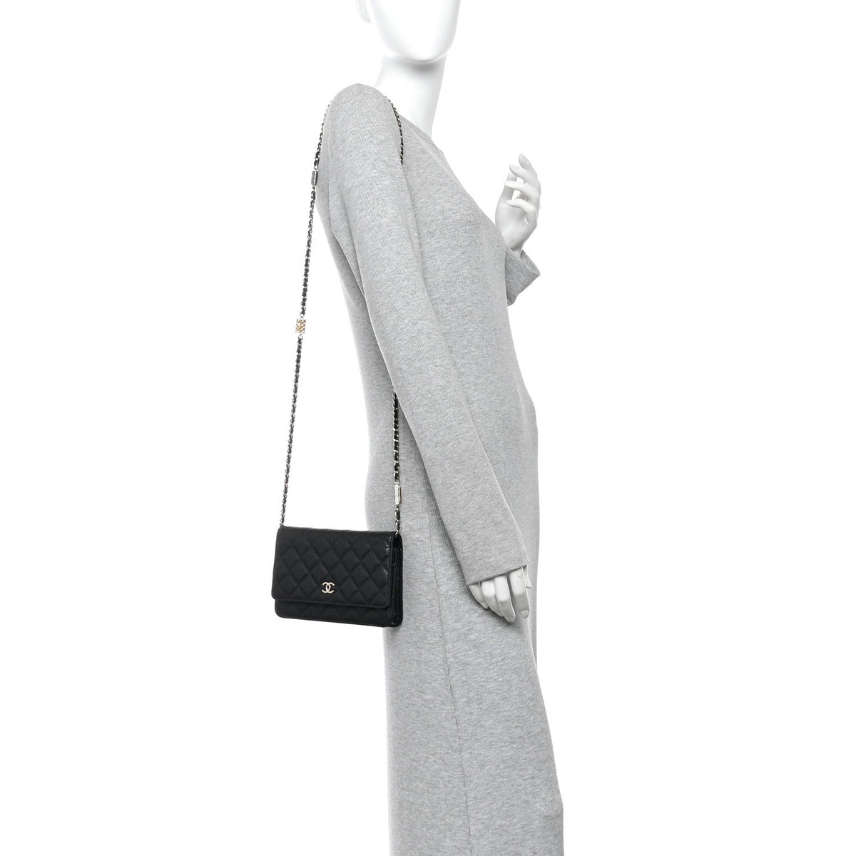 Caviar Quilted Wallet With Charms On Chain WOC Black wholesalehk.shop