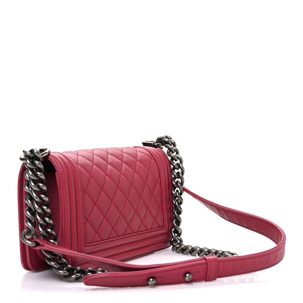 Calfskin Quilted Small Boy Flap Dark Pink wholesalehk.shop