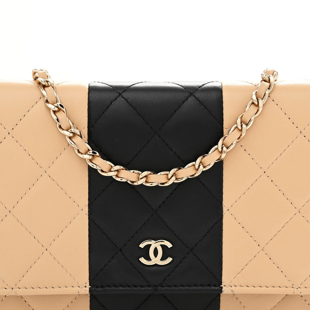 Lambskin Quilted Wallet On Chain WOC Beige Black wholesalehk.shop