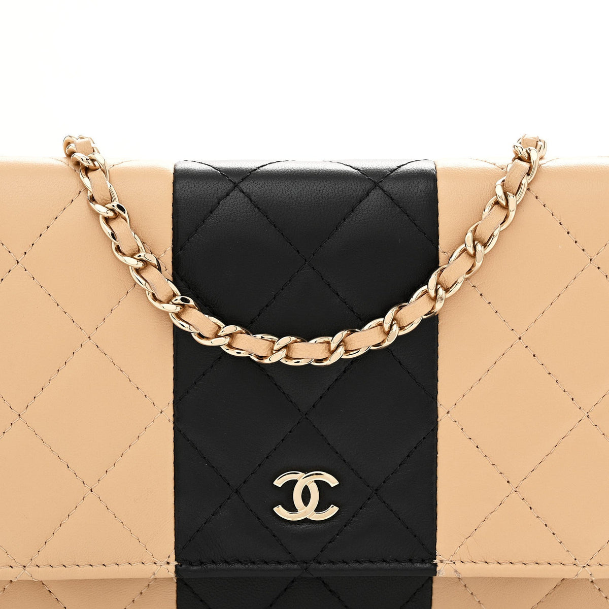 Lambskin Quilted Wallet On Chain WOC Beige Black wholesalehk.shop
