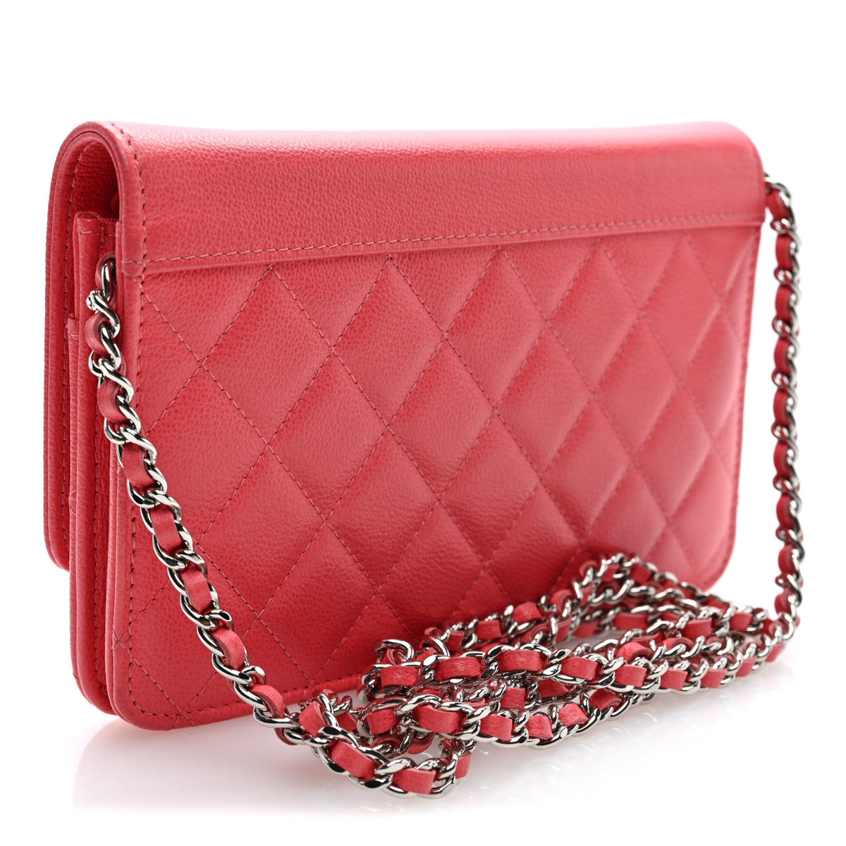 Grained Calfskin Quilted CC Box Wallet On Chain WOC Pink wholesalehk.shop